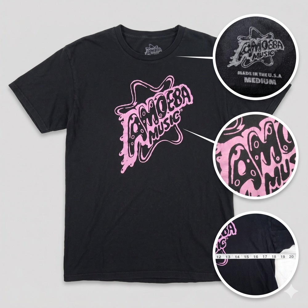 Amoeba Music‎ Graphic Tee Black Pink Logo Made In USA Thrashed Mens M